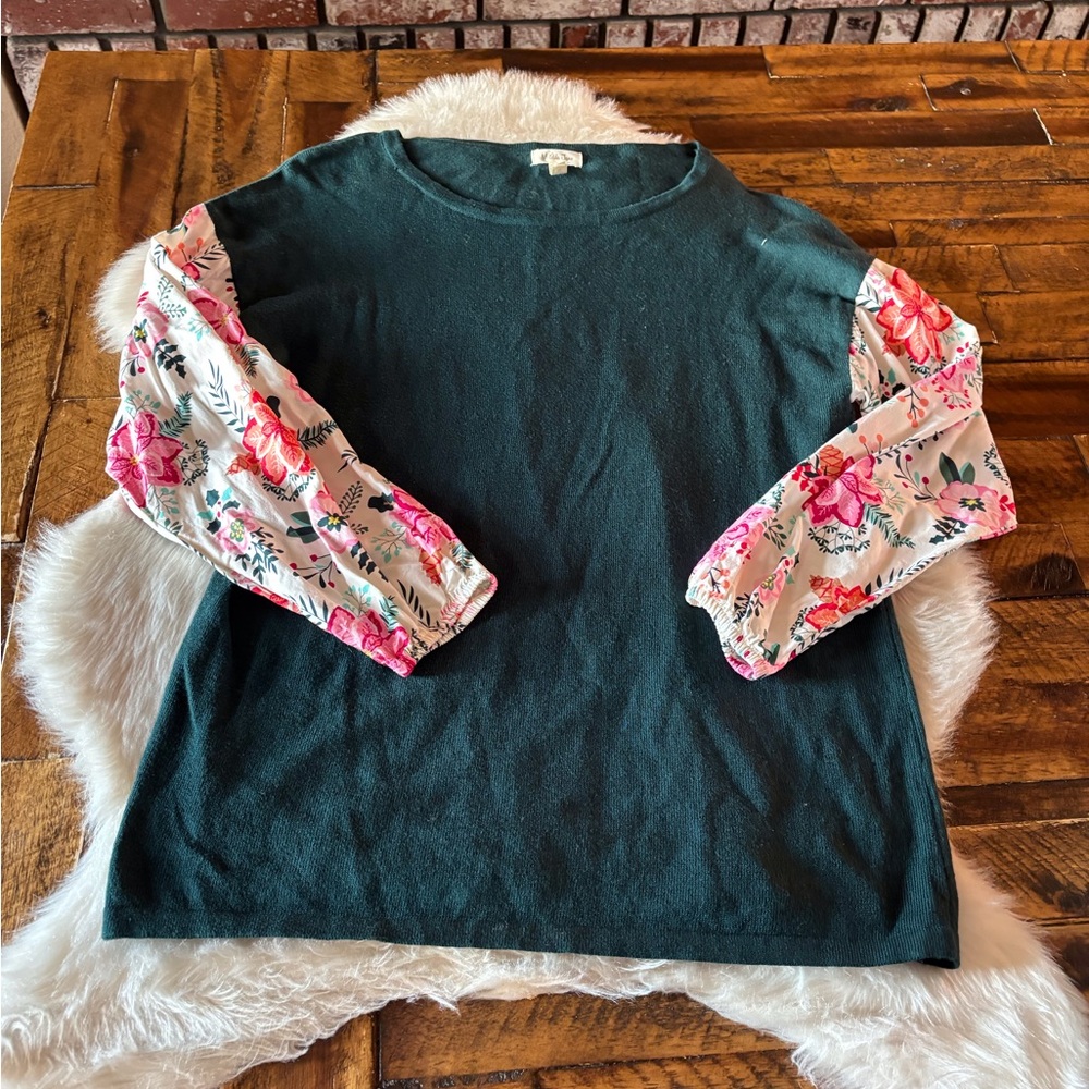 Matilda Jane Fancy and Flouncy Green Sweater with Floral Sleeves